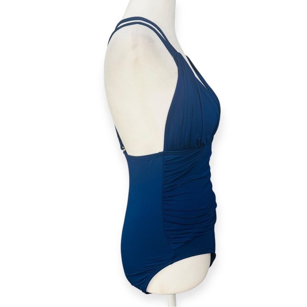 La Blanca Ruched Front Cross Back One Piece Swimsuit Indigo Blue NEW Size 6 - Picture 4 of 10